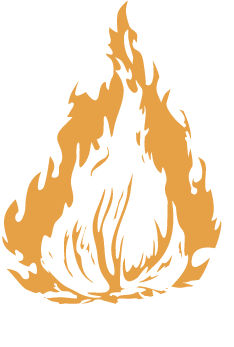 Isolated logo of the fire from the logo- the tall orange fireball presses into the white hot wood and ground with a center of the white flames dancing in the orange.