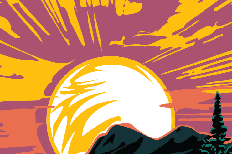 Illustrated vector scene of a sun rising over the mountains at dawn or dusk with the top of a pine tree in the foreground.