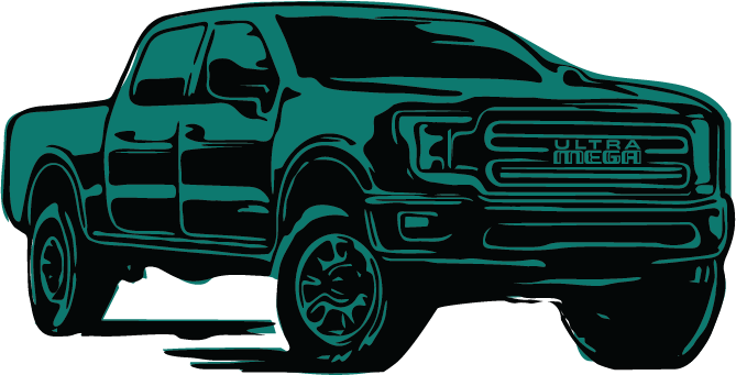 Isolated vector logo of the big green pickup truck from the logo. The grill brandishes the brand “Ultra Mega” a call to its big grip energy.