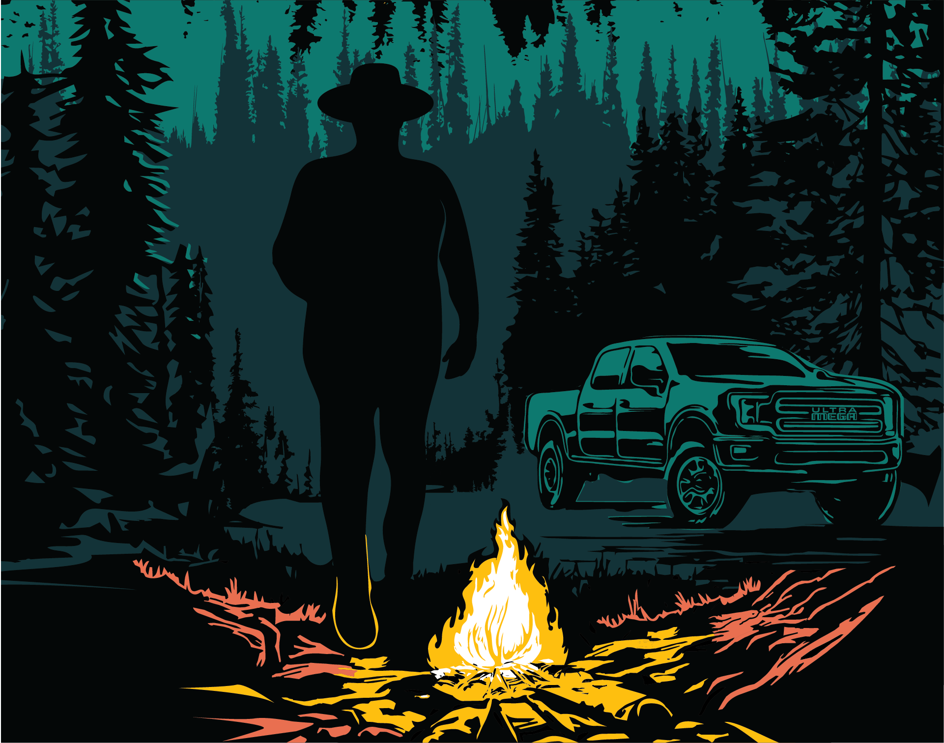 Illustrated vector scene of a black silhouette of a woman in a Stetson hat walking out of the wilderness with one foot stepping toward a camp fire in the foreground with a big pickup truck in the background.