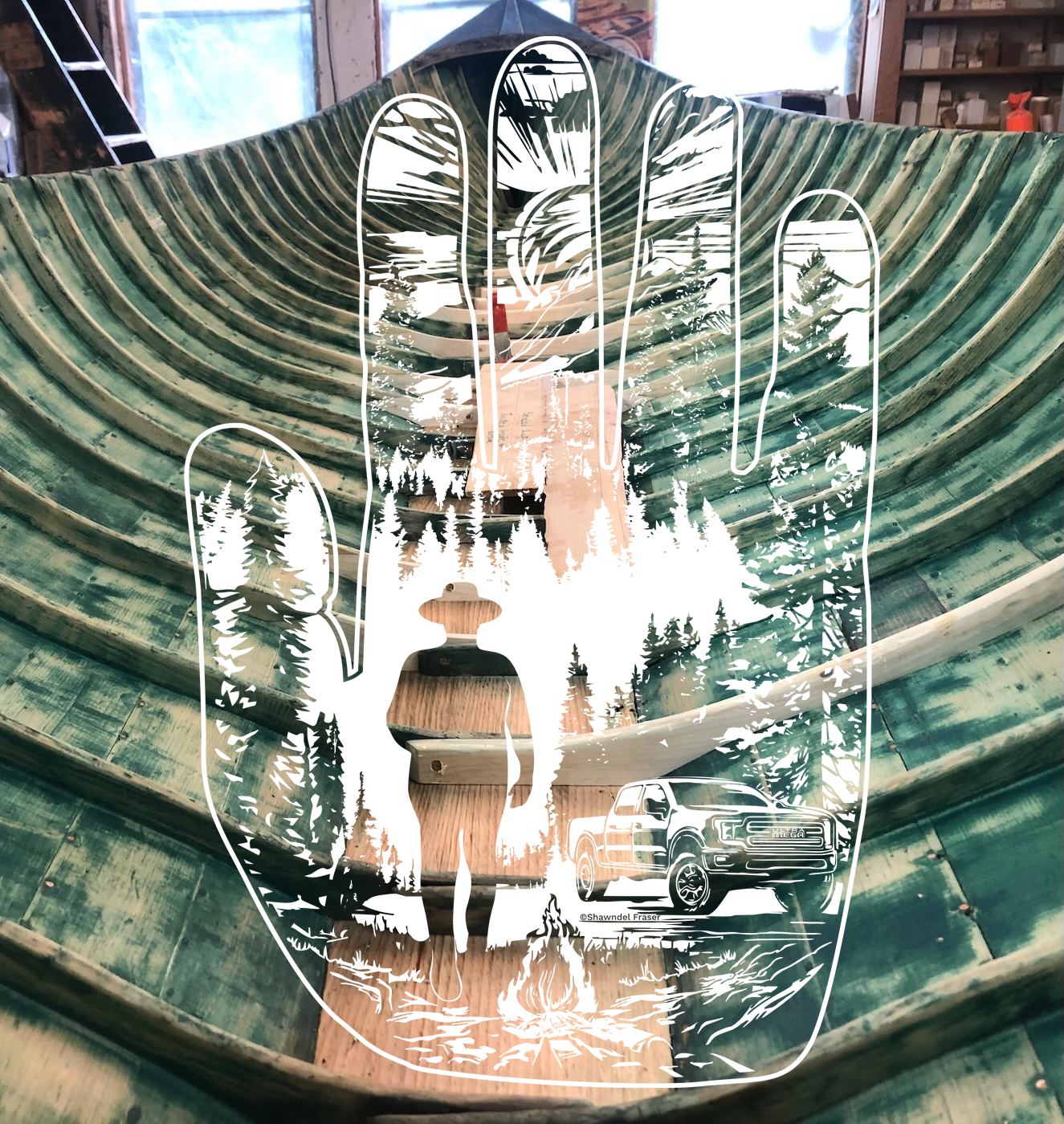 From the inside of a handmade wooden boat still under construction the ribs curve up as it moves away to the bow or stern, it's unclear. Overlaid the wooden arches is the logo watermarked slightly transparent in white.