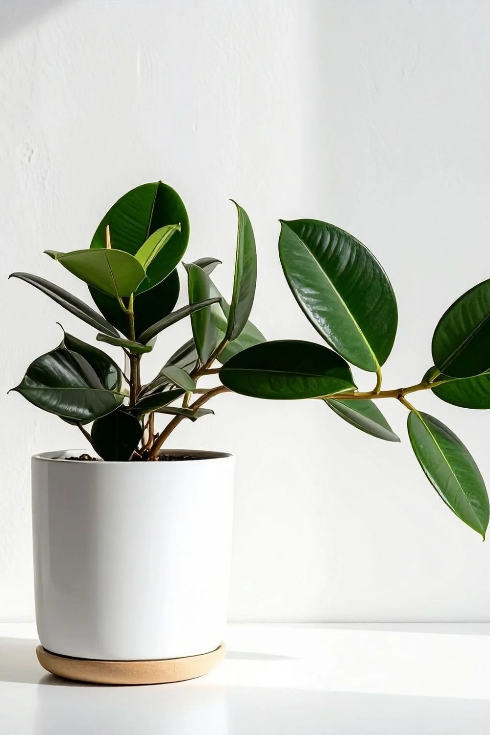 A potted green houseplant with large glossy leaves in a white ceramic planter on a white surface against a white wall.