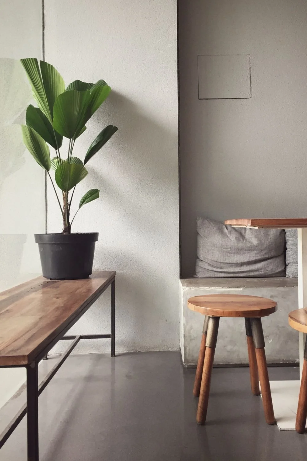 Interior of a minimalistic room with a tall potted plant, a wooden table, a small wooden stool, and a throw pillow inside a built-in nook, with simple textured white walls.
