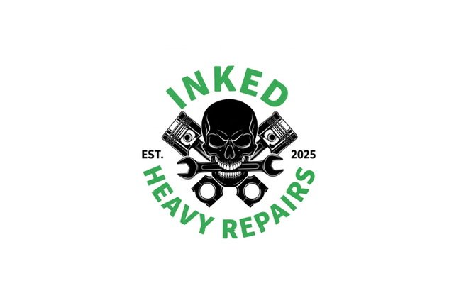 Logo for Inked Heavy Repairs featuring a skull, pistons, and wrenches with green and black text.