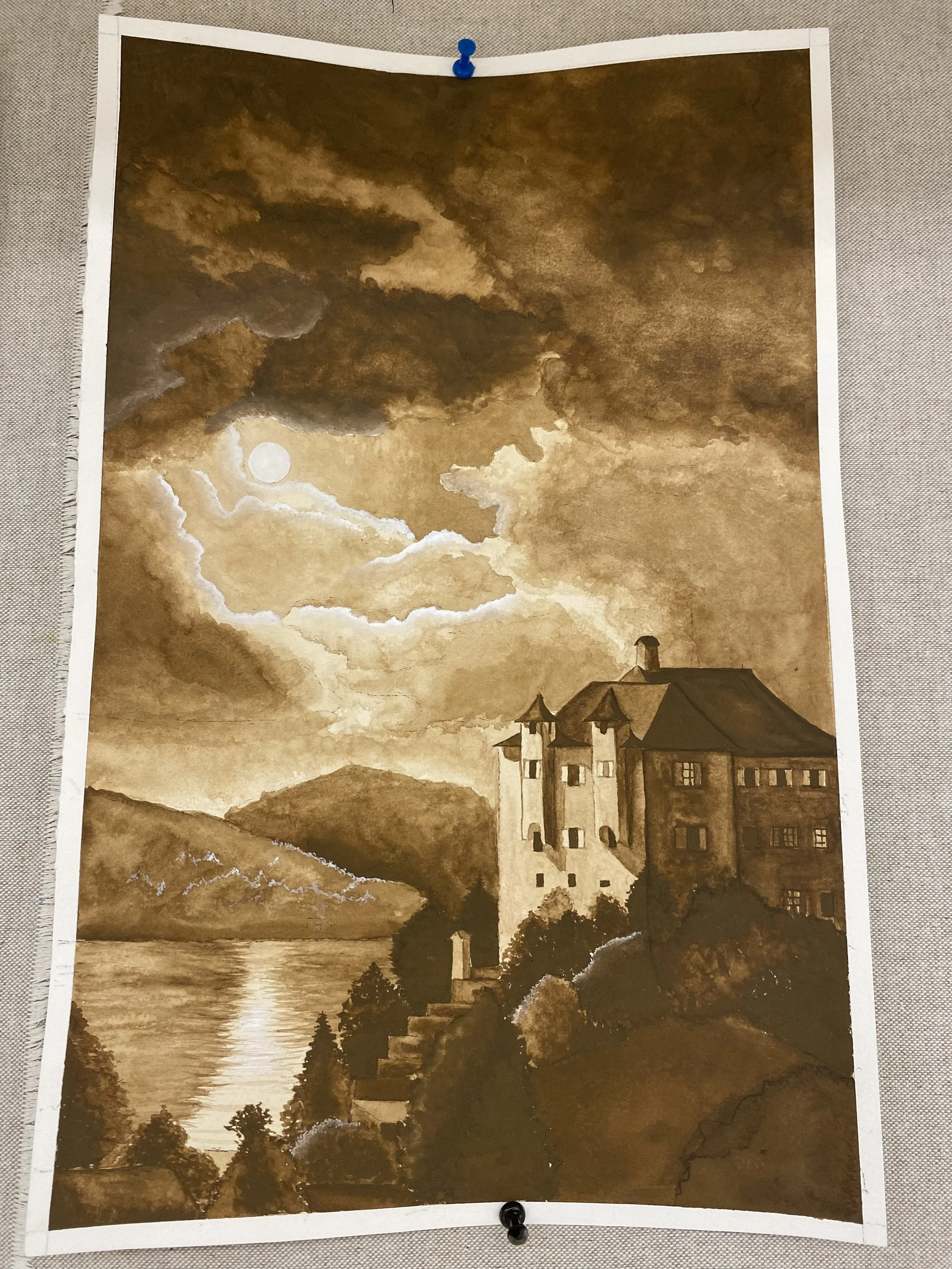 Landscape practice value study, Gouache on paper