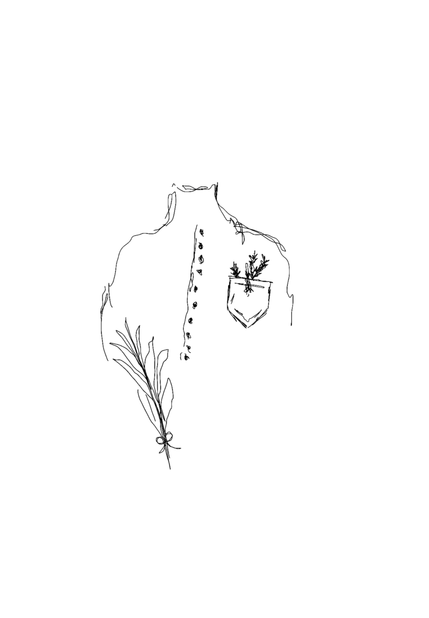 Line drawing of a person holding a bouquet of flowers, wearing a shirt with a pocket and floral design.