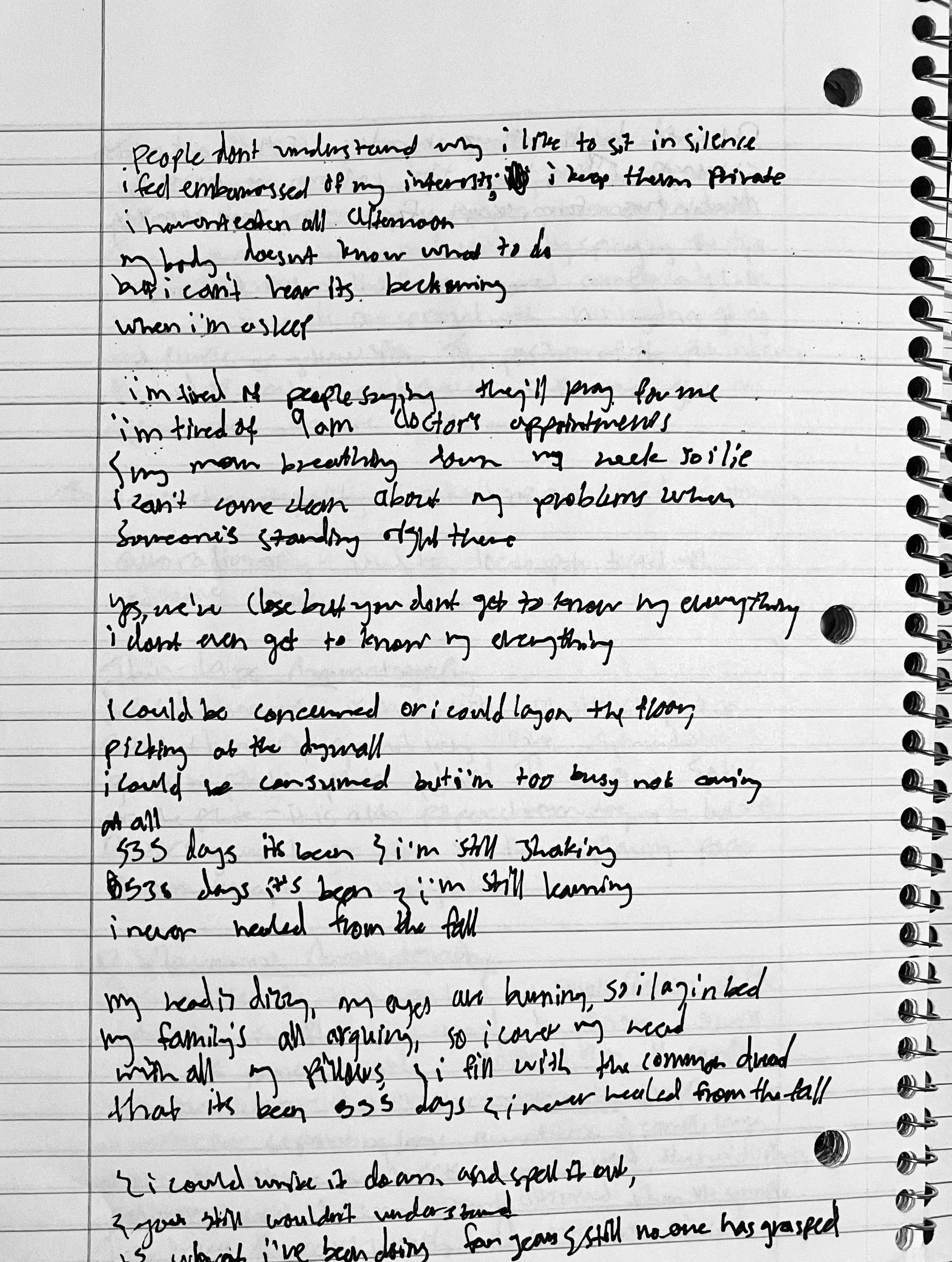 Handwritten notes on a notebook page discussing feelings of silence, exhaustion, and struggles with understanding and anxiety.