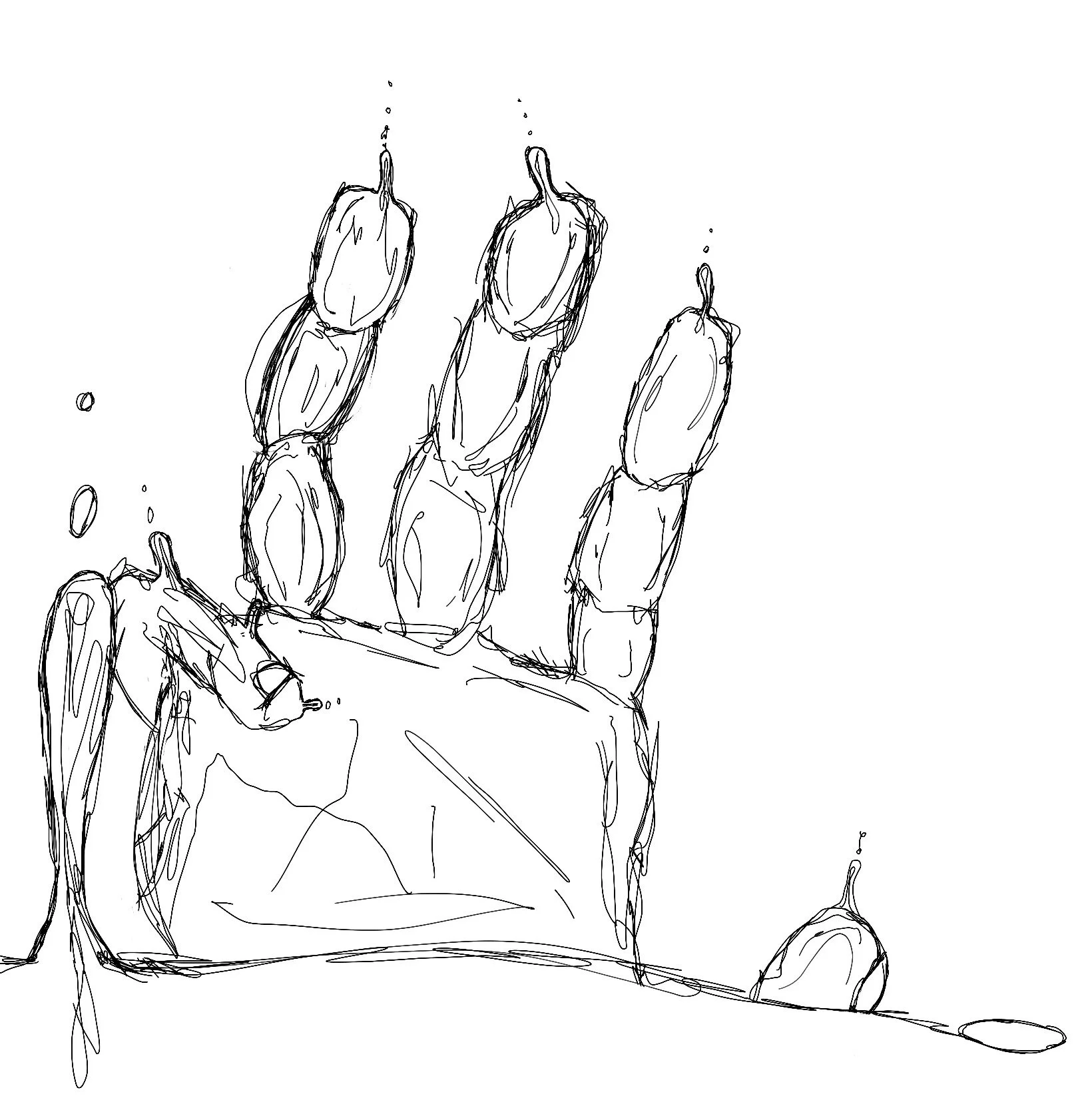 Sketch of a human hand peeking out from underwater with fingers slightly spread apart.
