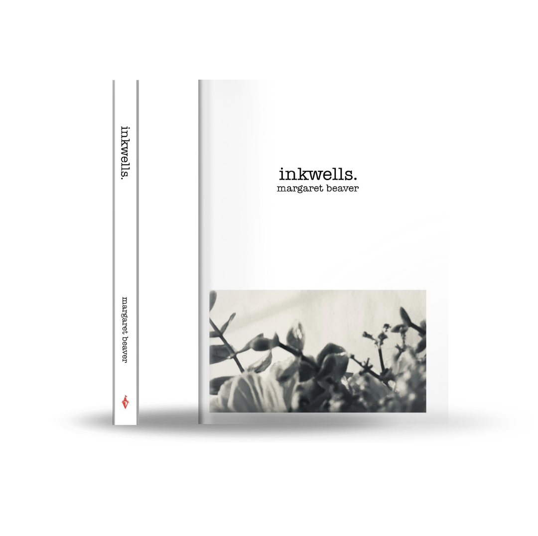 Book cover titled 'inkwells.' by Margaret Beaver, with a black and white photograph of a branch with buds at the bottom.