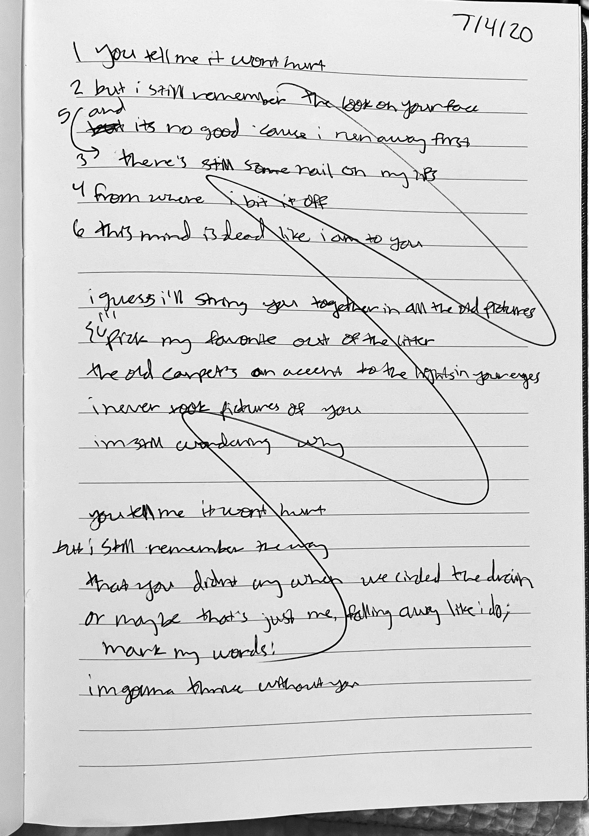 Handwritten lyrics or poem in black ink on lined paper, with date 7/4/20 in the top right corner and multiple corrections and annotations.