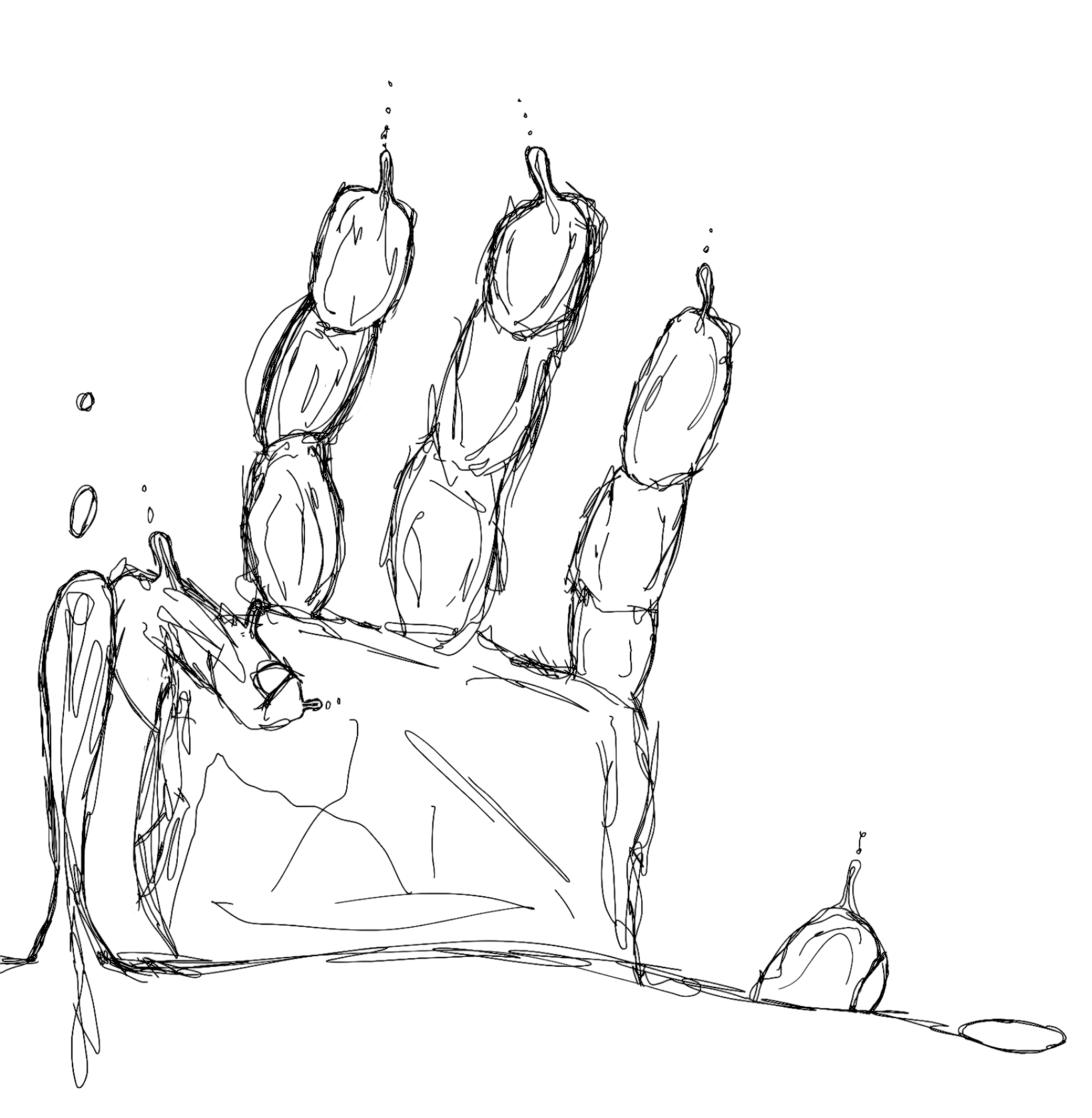 The outline of a hand with detailed finger and palm structure, with a small section of a body visible, drawn in a sketch style on a black background.