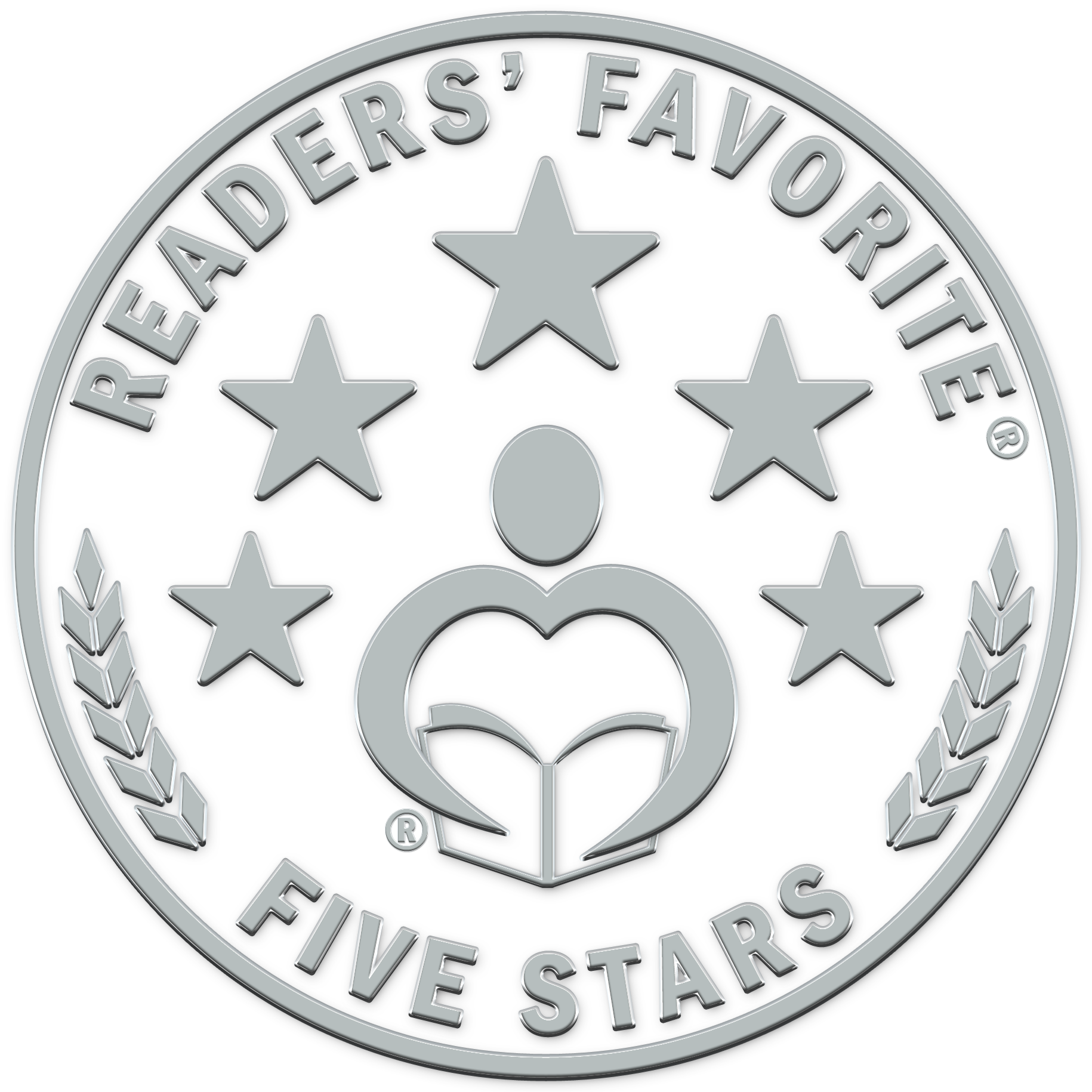 Silver medallion with five stars, a stylized heart with a person figure inside, laurel branches, and the text "Readers' Favorite Five Stars."
