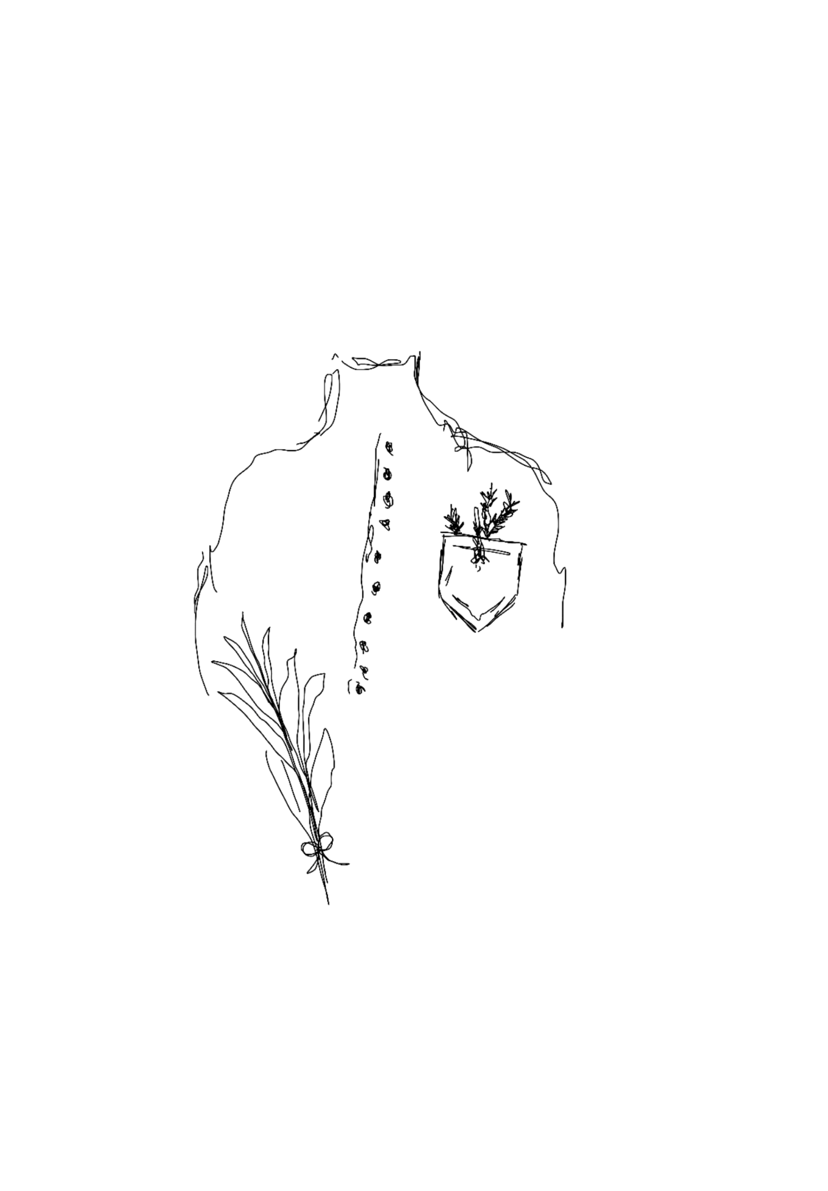 A minimalist line drawing of a shirt with a pocket holding greenery, and a bundle of leaves tied with a ribbon hanging from the sleeve.