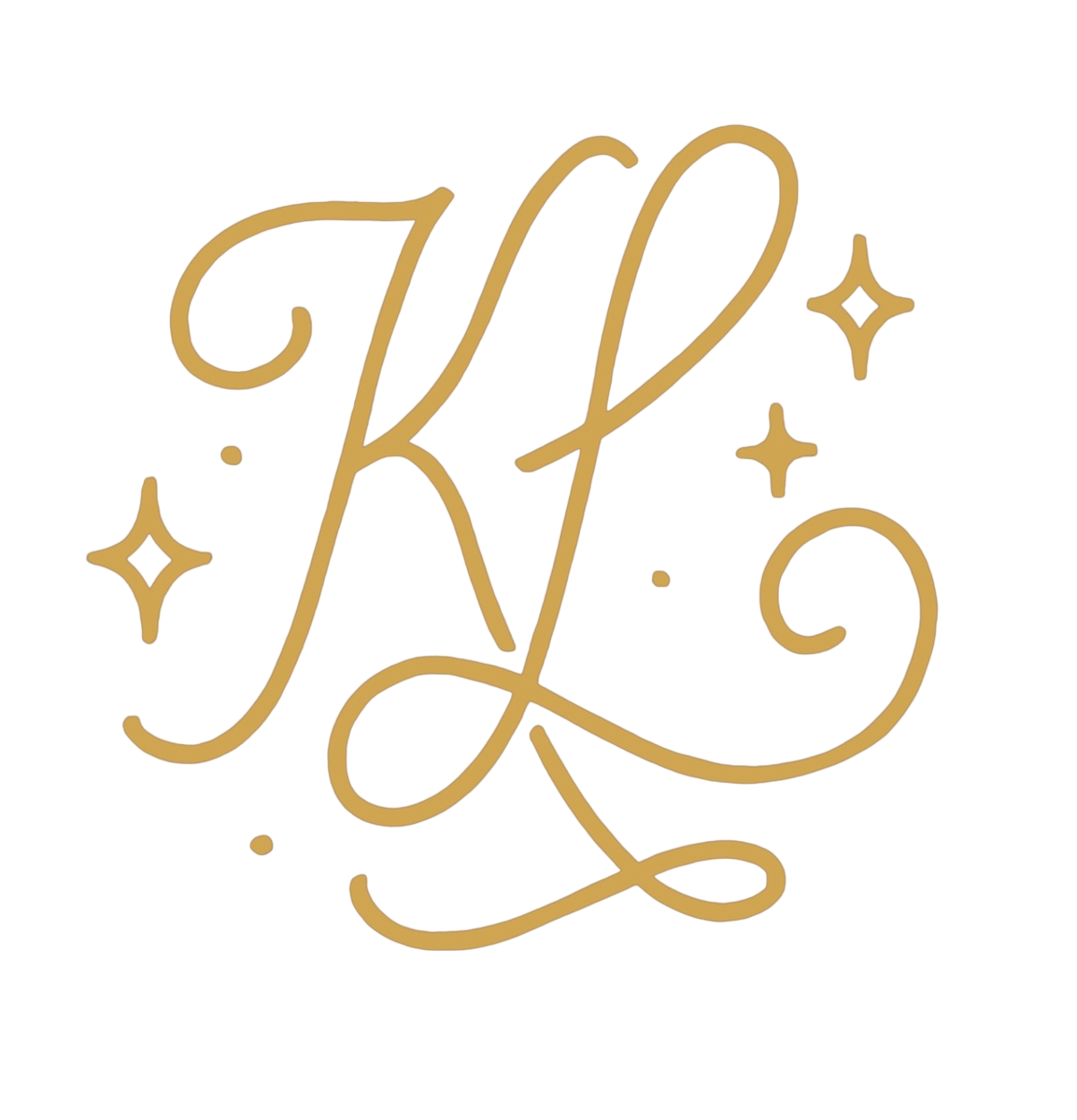 Decorative monogram with the letters 'K L' in gold cursive, surrounded by small star-like accents.