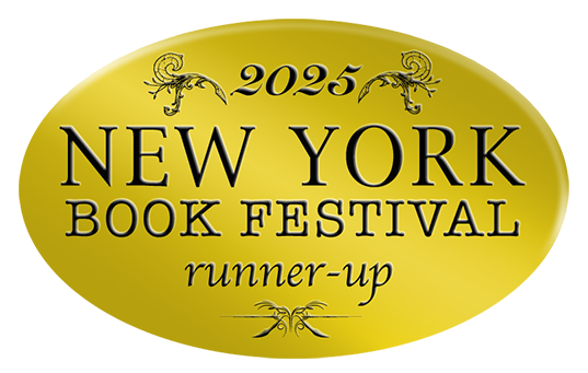 Gold-colored oval badge with black lettering that says "2025 New York Book Festival Runner-Up."