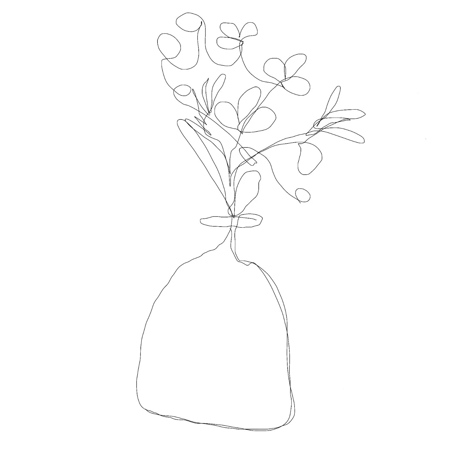 Line drawing of a potted plant with leafy branches
