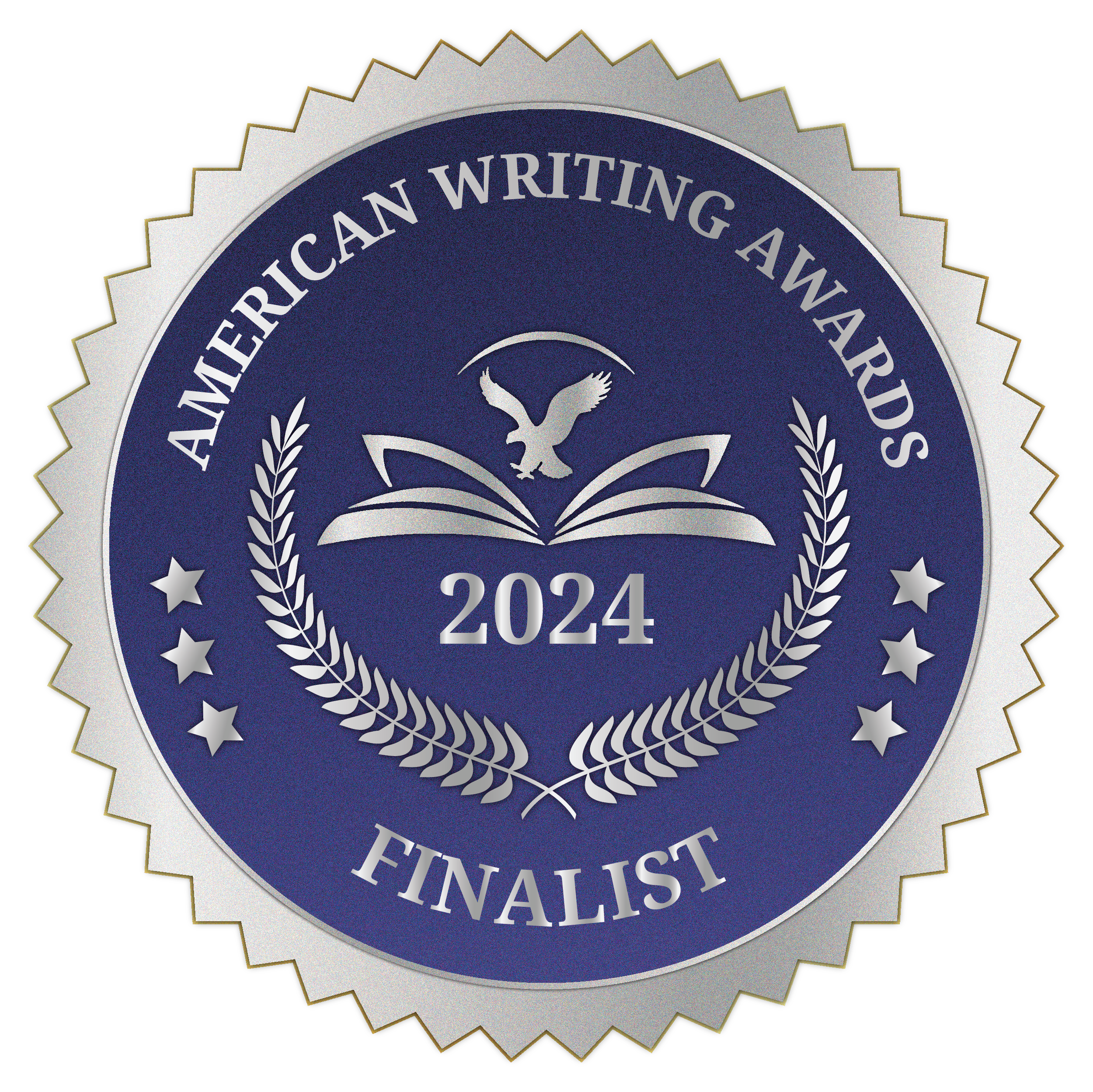 Emblem for the 2024 American Writing Awards finalist, featuring a stylized eagle, open book, laurel wreath, and stars.
