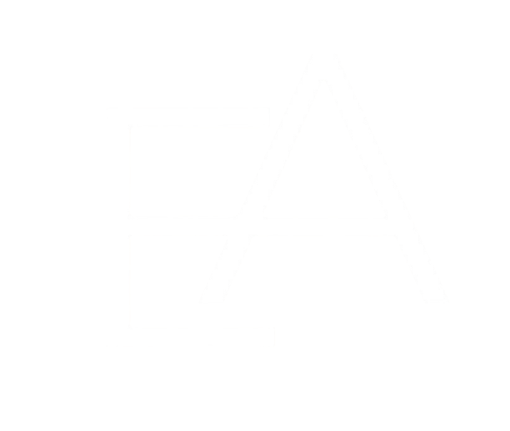 Black background with large white stylized letters 'E' and 'A' overlapping.