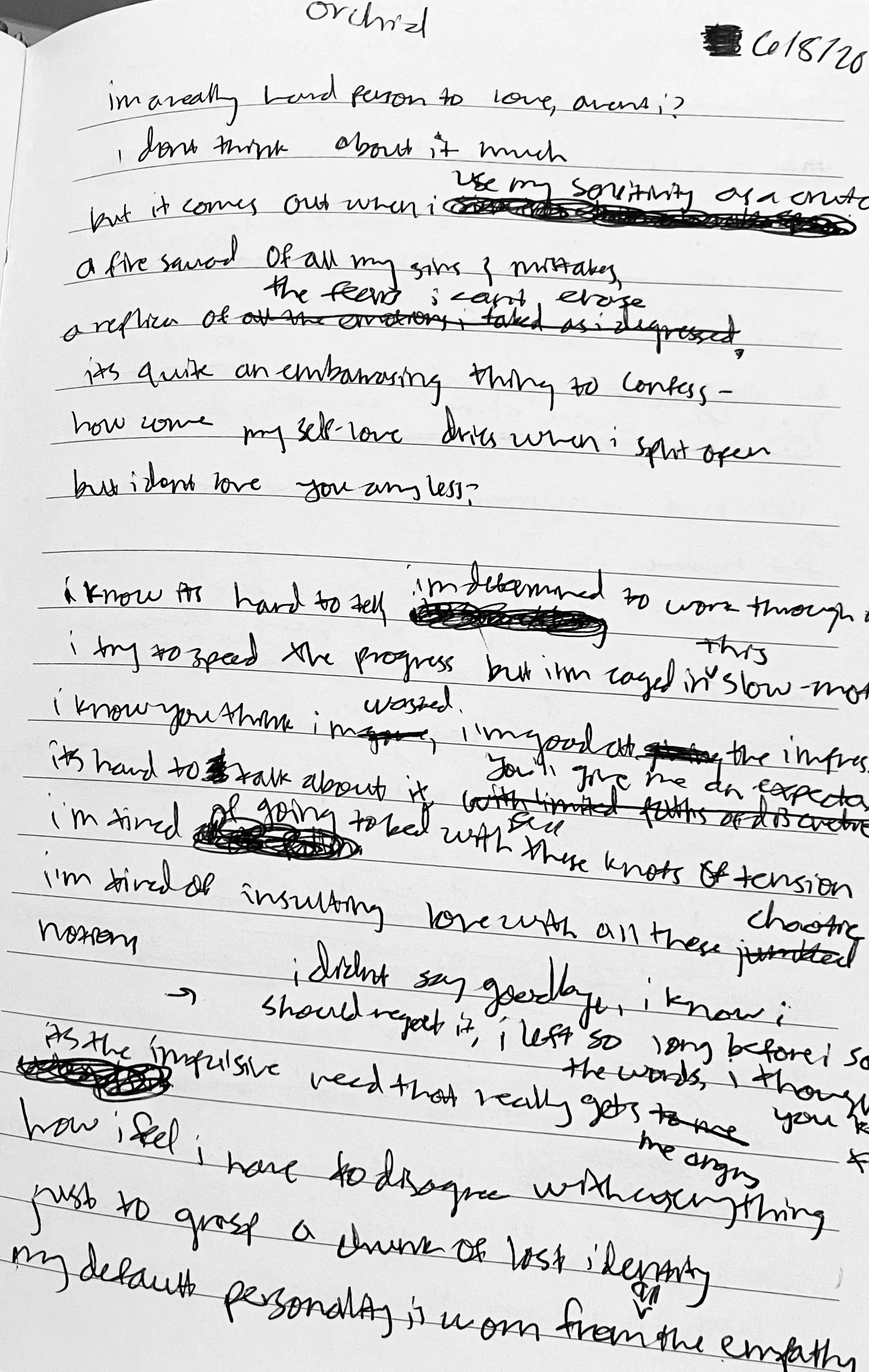 Handwritten notes or journal entry with crossed-out sections and annotations.