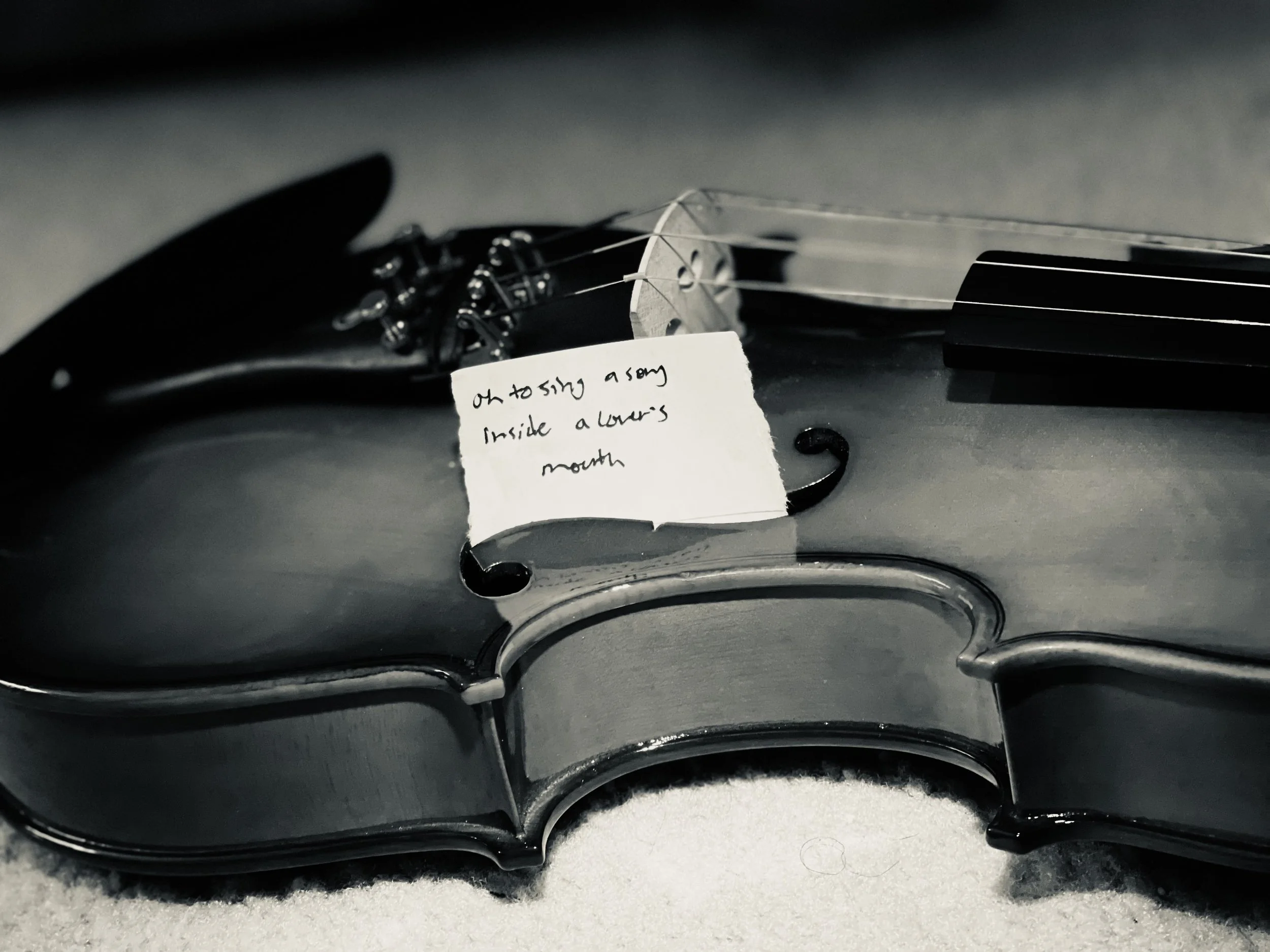 A close-up of a black violin with a handwritten note attached, which reads: "Oh, to sing a song inside a lover's mouth."