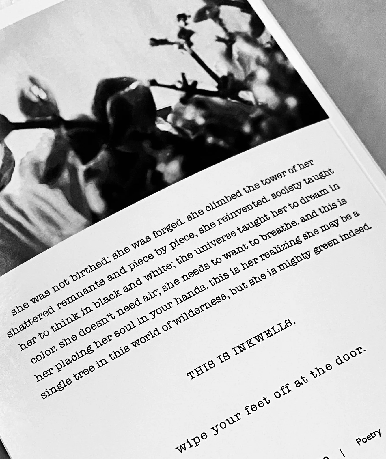 Close-up of a printed page with a black-and-white photo of flowers at the top and a poem below.