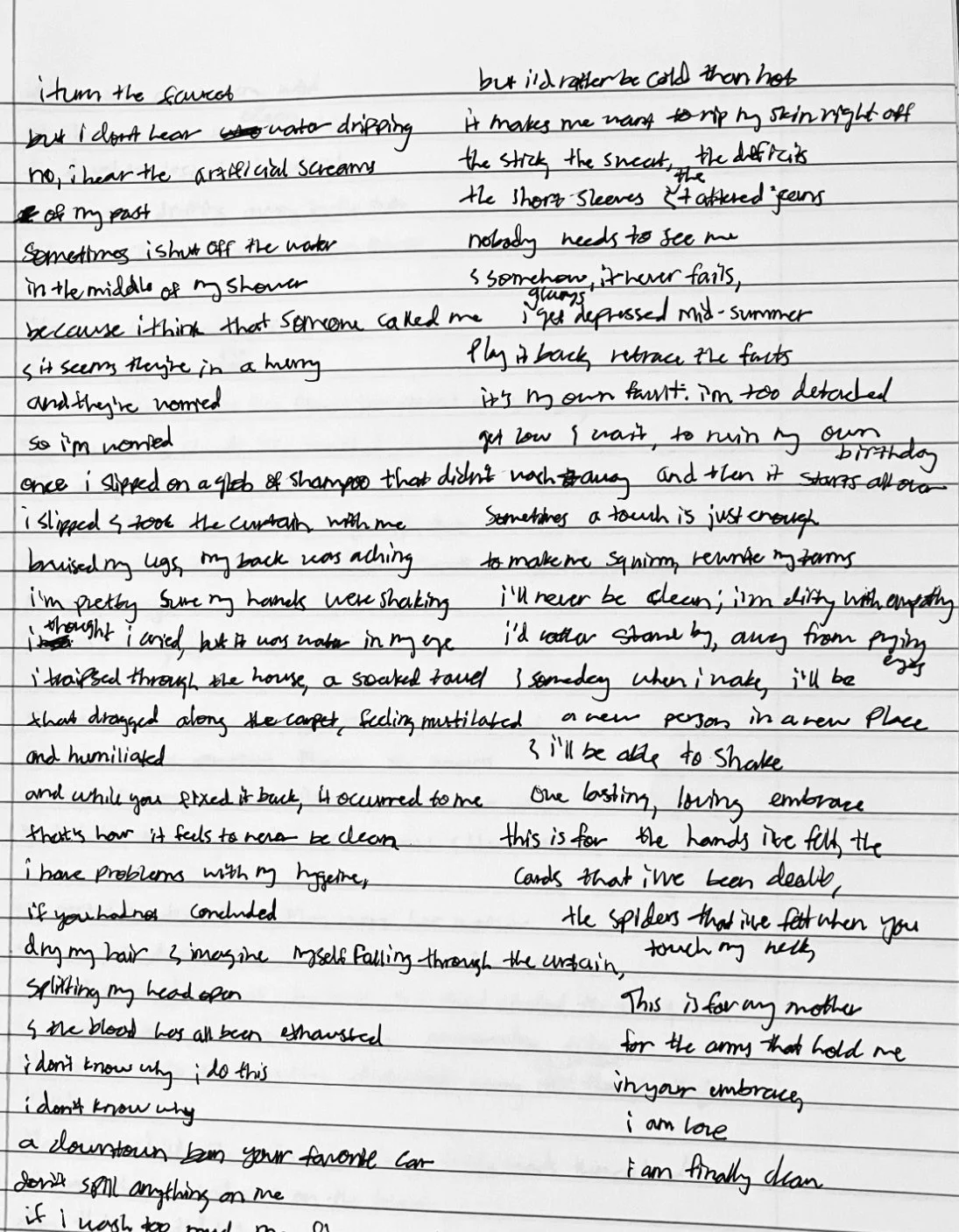 Handwritten poem on lined paper describing feelings of vulnerability, intimacy, and emotional struggle.
