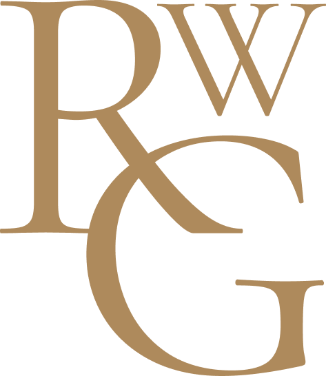 The letters R, W, G, and G in large, stylized gold font on a black background.