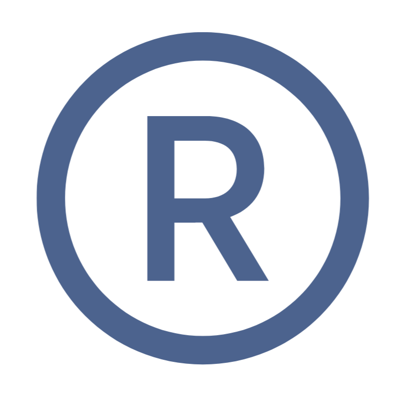 Registered trademark symbol, a stylized letter R inside a circle in blue.