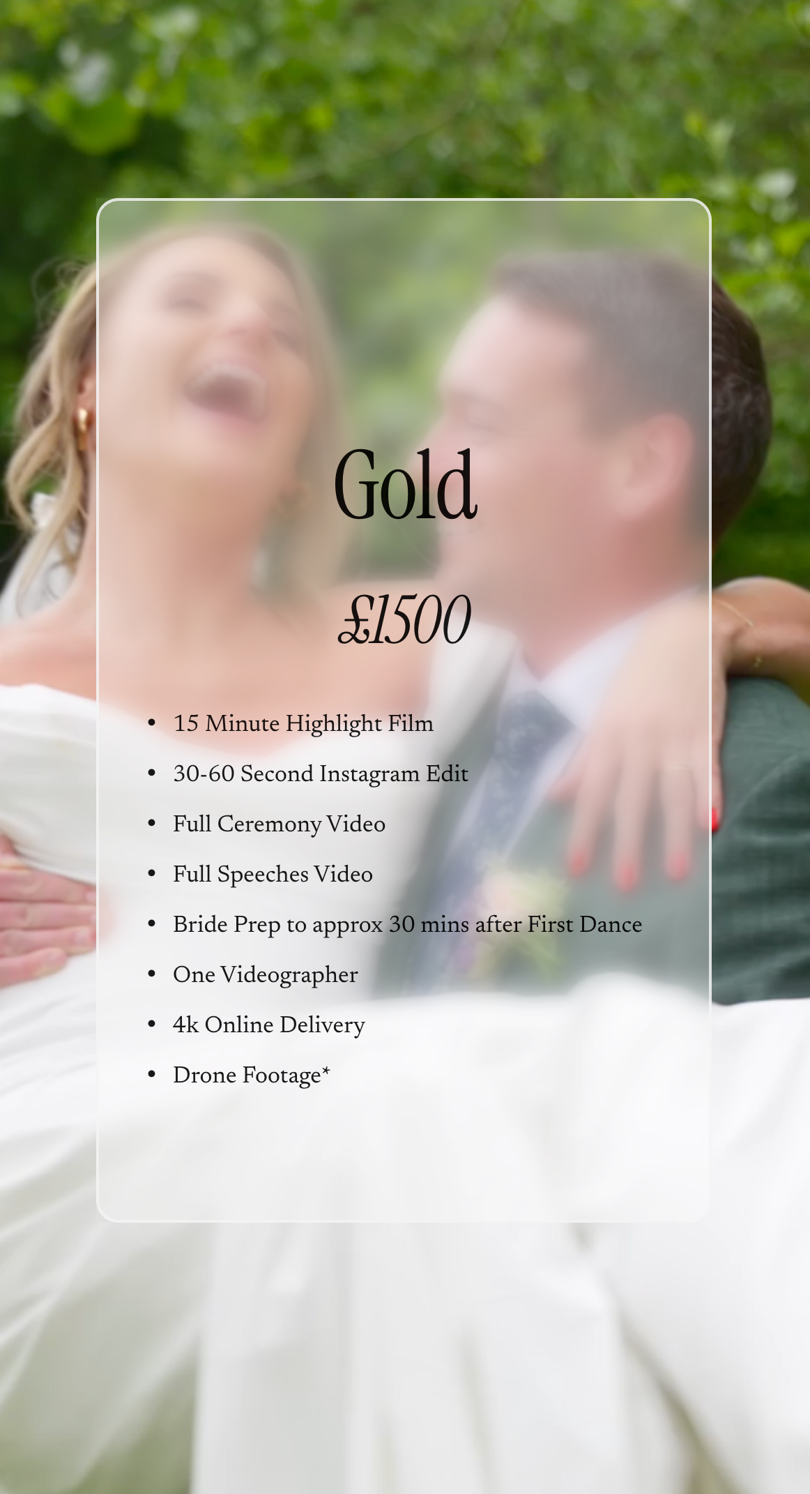 A blurred photo of a bride and groom hugging outdoors with green trees in the background, overlaid with text advertising wedding videography services.