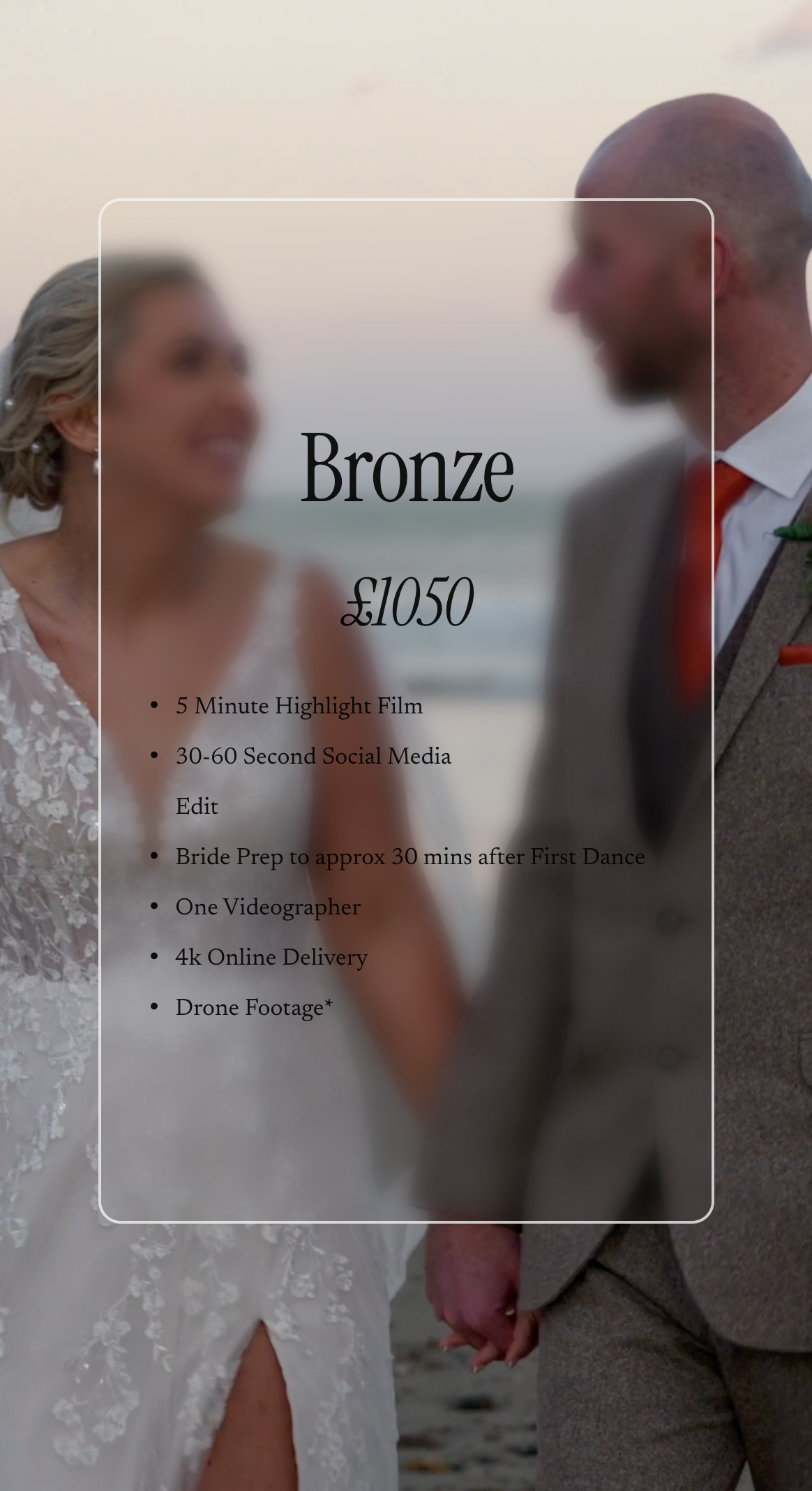 Blurry photo of a bride and groom holding hands on the beach, with a price list overlay about wedding videography services.