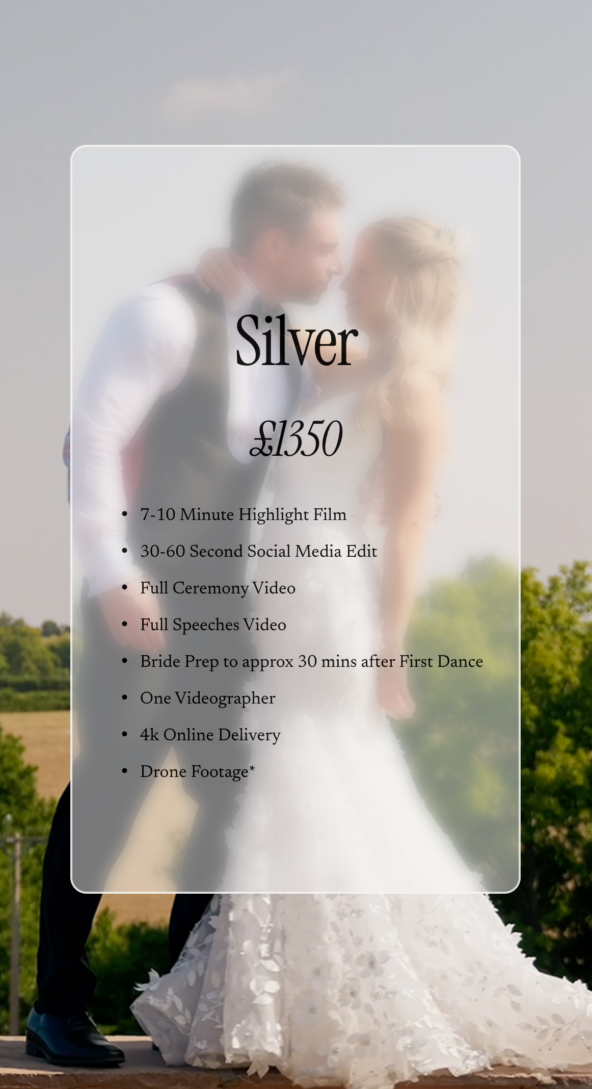 A wedding couple standing outdoors, with a semi-transparent overlay listing wedding video and photography services and prices.