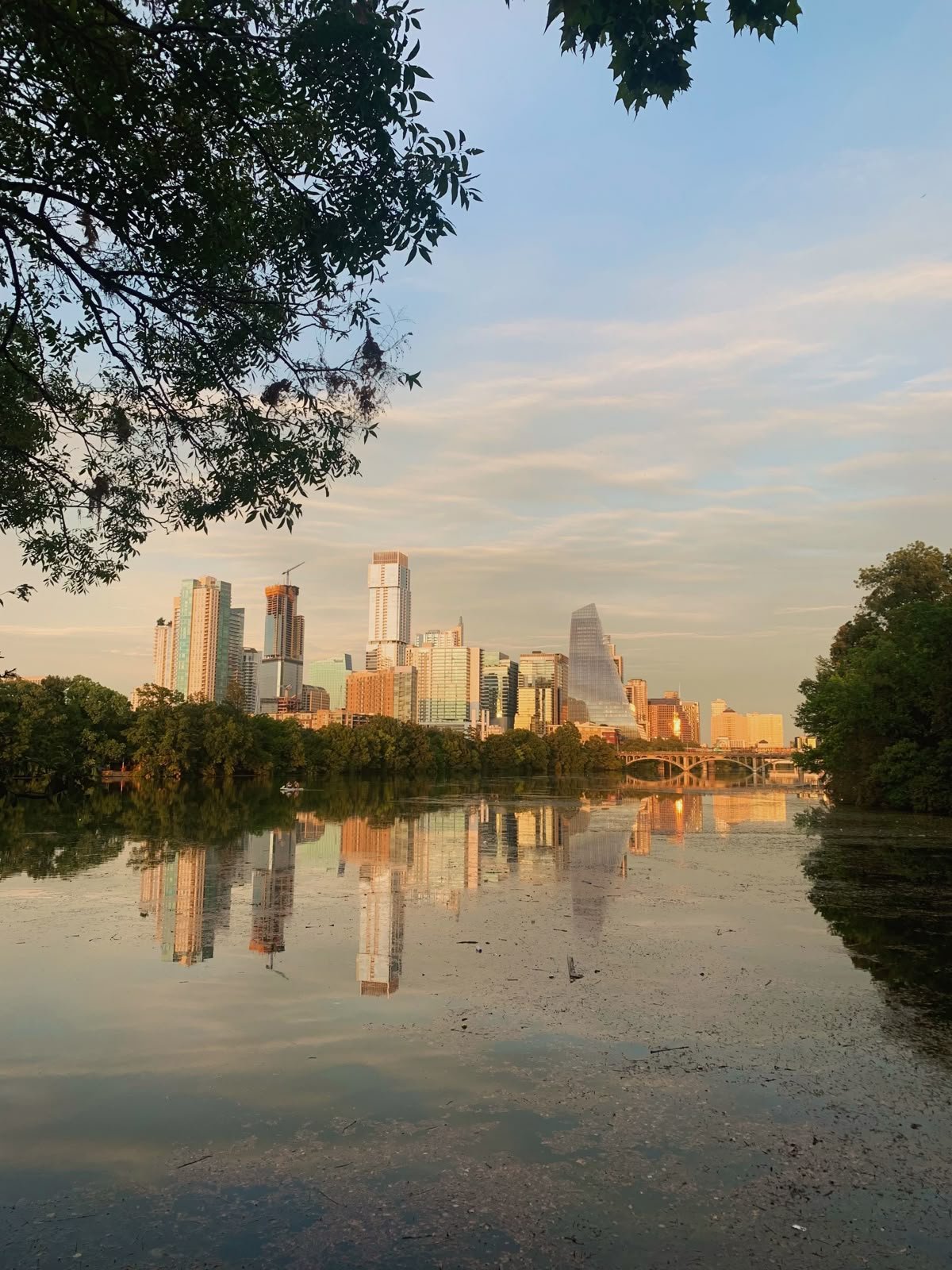 A city skyline during sunset, viewed from a park with water reflecting the buildings and trees on both sides.