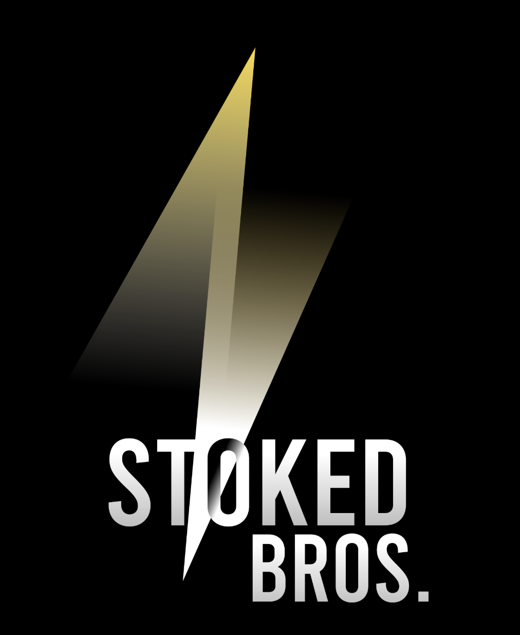 A black background with a large silver lightning bolt and the text 'STOKED BROS.' in white capital letters.