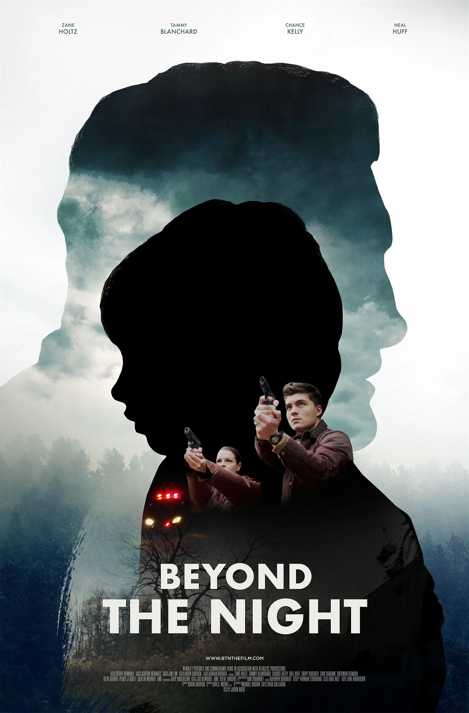 Movie poster for 'Beyond the Night' featuring the silhouettes of two large faces, one male and one female, with a cloudy sky inside the head outlines, and a woman and man holding guns in the foreground, along with a police car with flashing lights.