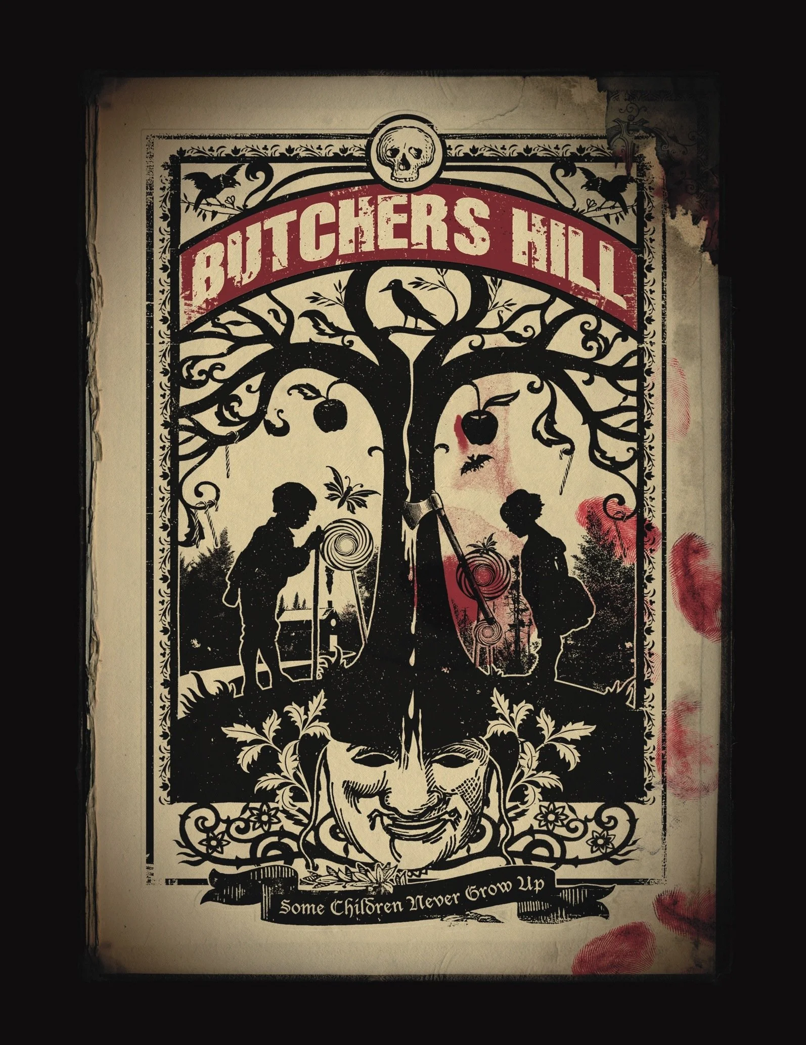 A vintage-style poster for Butchers Hill with a spooky face at the bottom, a tree with hanging apples, birds, and children collecting something, with the text 'Some Children Never Grow Up' at the bottom.