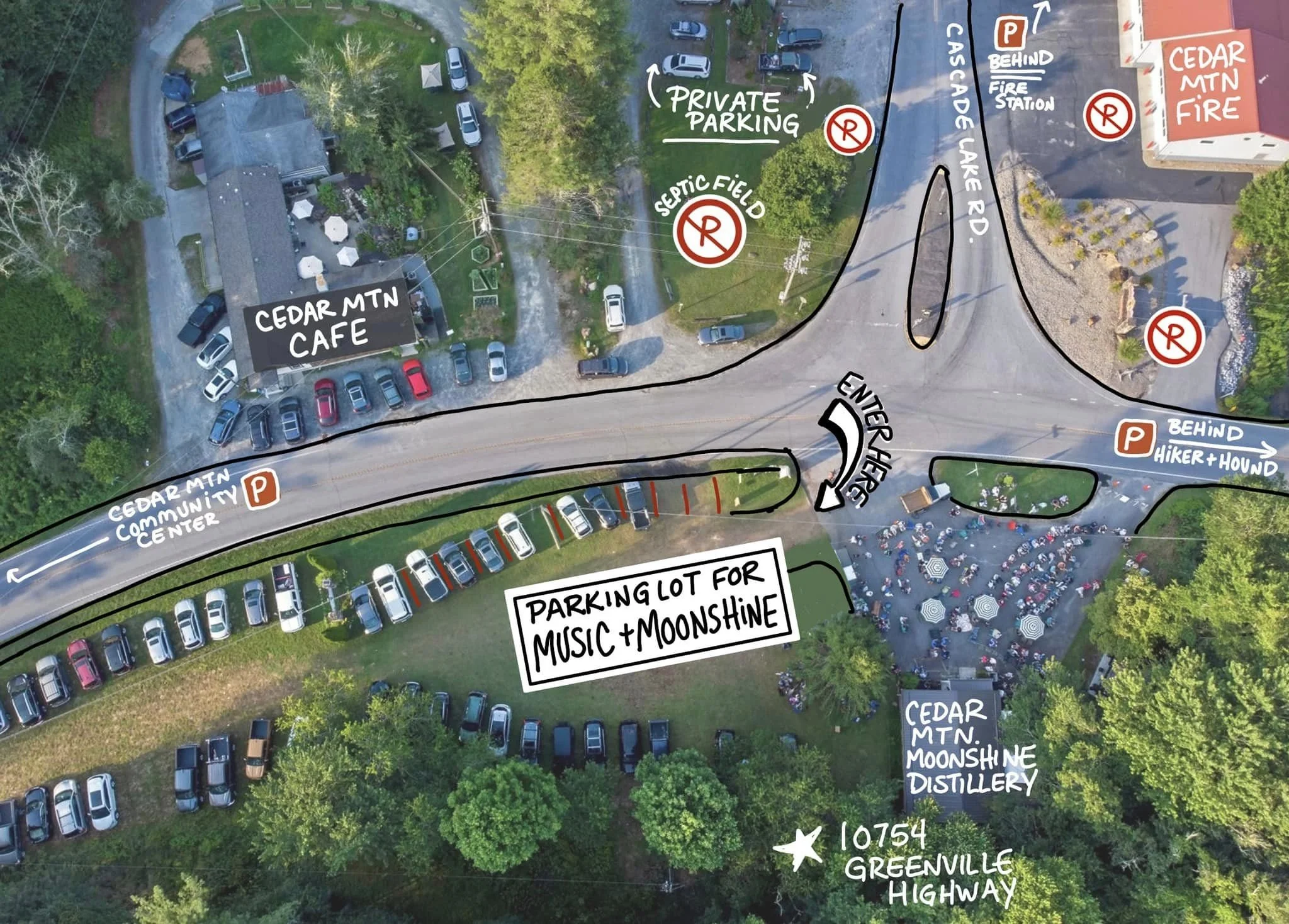 Aerial image of the businesses located in Cedar Mountain at the intersection of 276 and Cascade Lake Road.