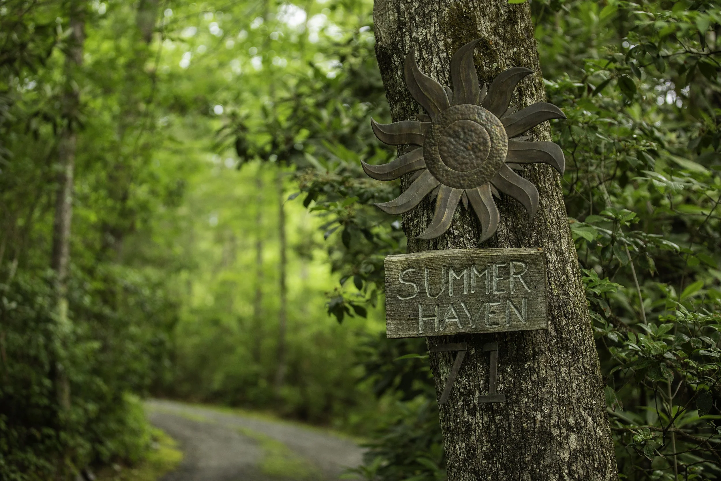 Copper sun with the house name, Summer Haven, is posted on a tree at the end of the driveway.