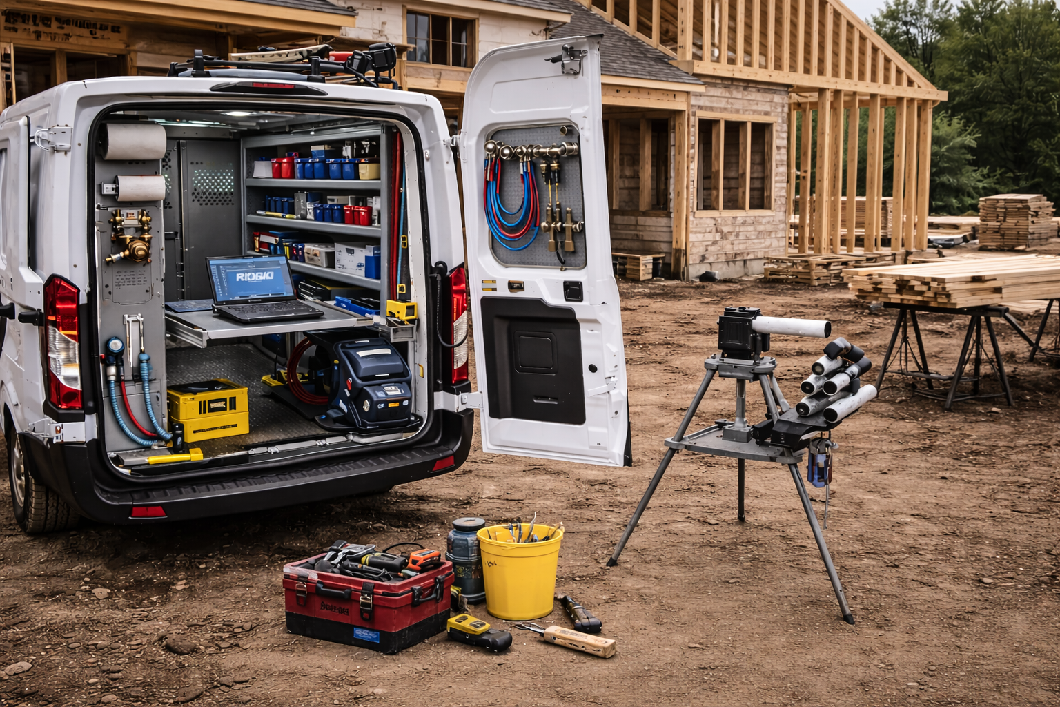 Construction site with a work van filled with tools and equipment, and a partially built house in the background.