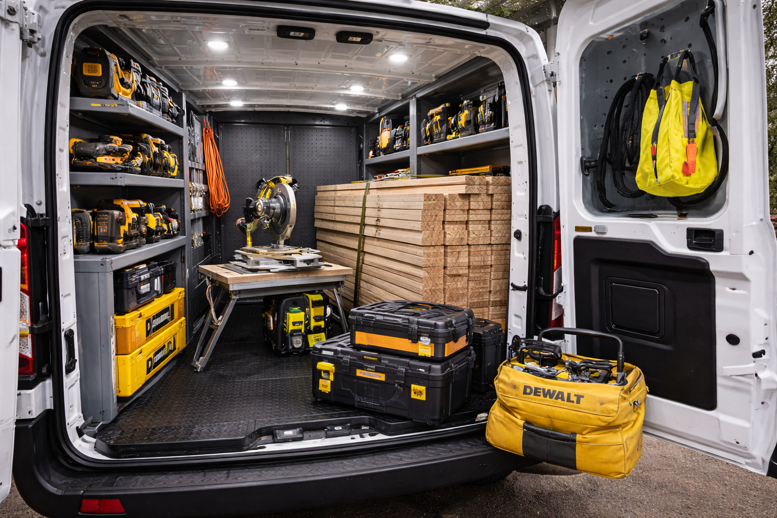 Open cargo van filled with construction tools and equipment, including power drills, a workbench, stacks of wooden planks, storage boxes, and a yellow DEWALT tool bag.