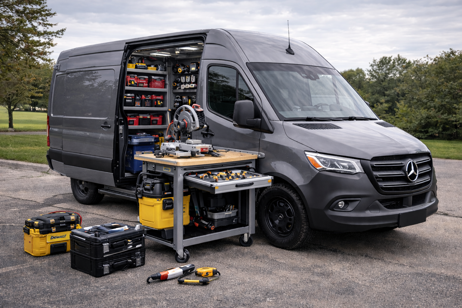 A gray Mercedes-Benz van parked outdoors with various tools and equipment arranged around it, including a workbench, toolboxes, and power tools, on a paved surface with trees and grass in the background.