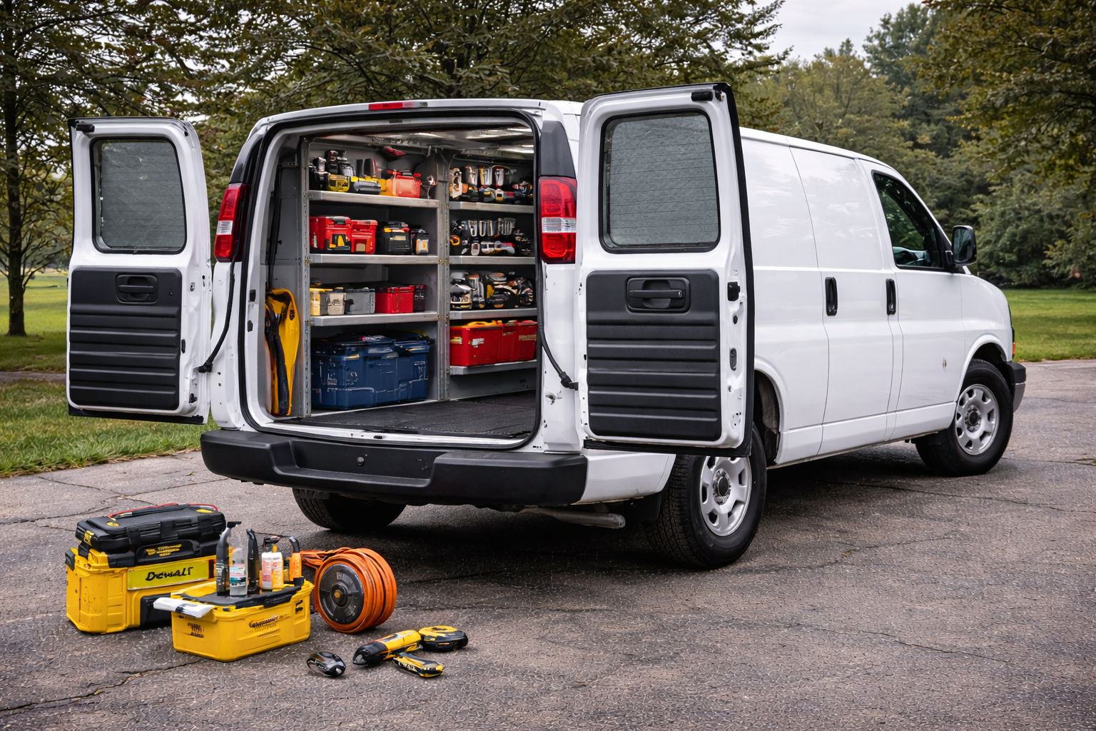 A white work van with open rear doors reveals organized shelving with power tools and equipment. Several tool cases and equipment are placed outside on the pavement.