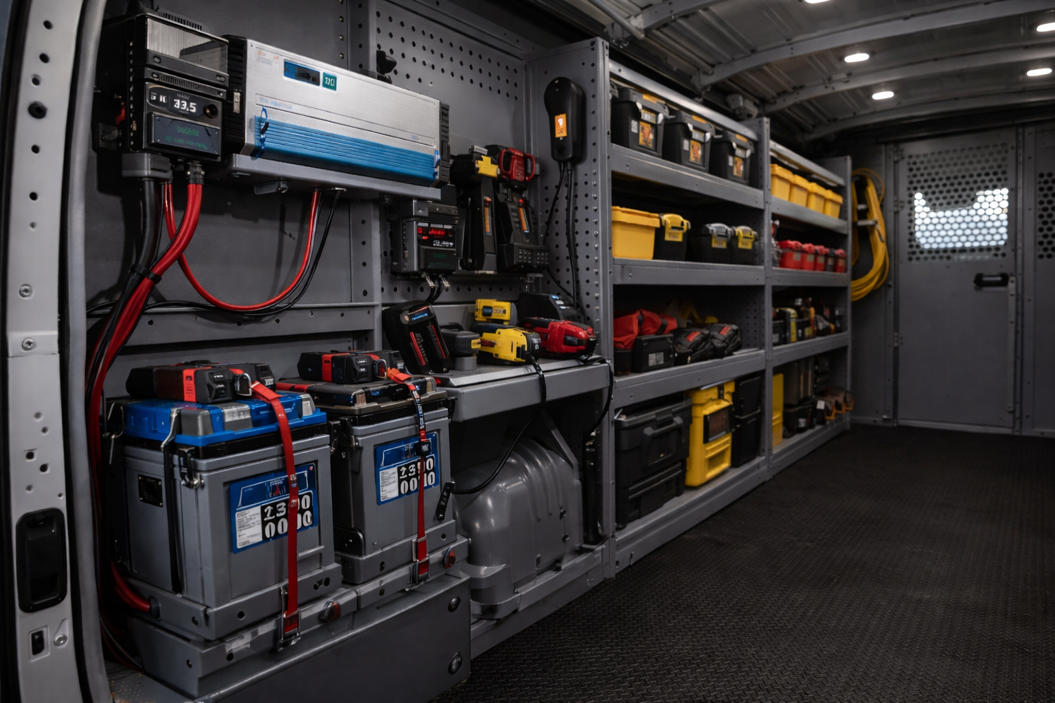 Inside a utility van with organized tools and equipment, including battery packs, drills, and storage boxes, mounted on a gray metal shelving unit.