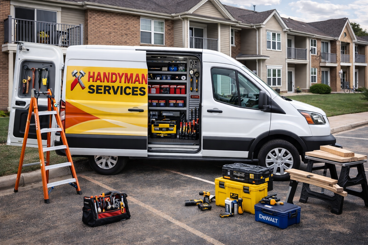 A handyman services van parked in a residential parking lot with tools and equipment laid out around it, including a ladder, tool bags, drills, and workbenches, in front of an apartment complex.