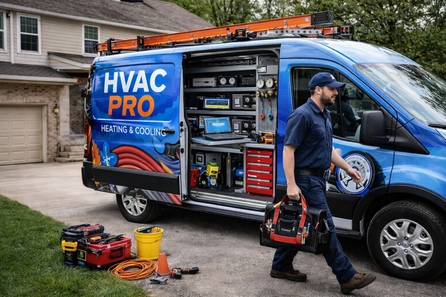 A technician in a blue uniform walking away from a service van labeled 'HVAC PRO Heating & Cooling' with tools and equipment inside and outside the vehicle, parked in a residential driveway.