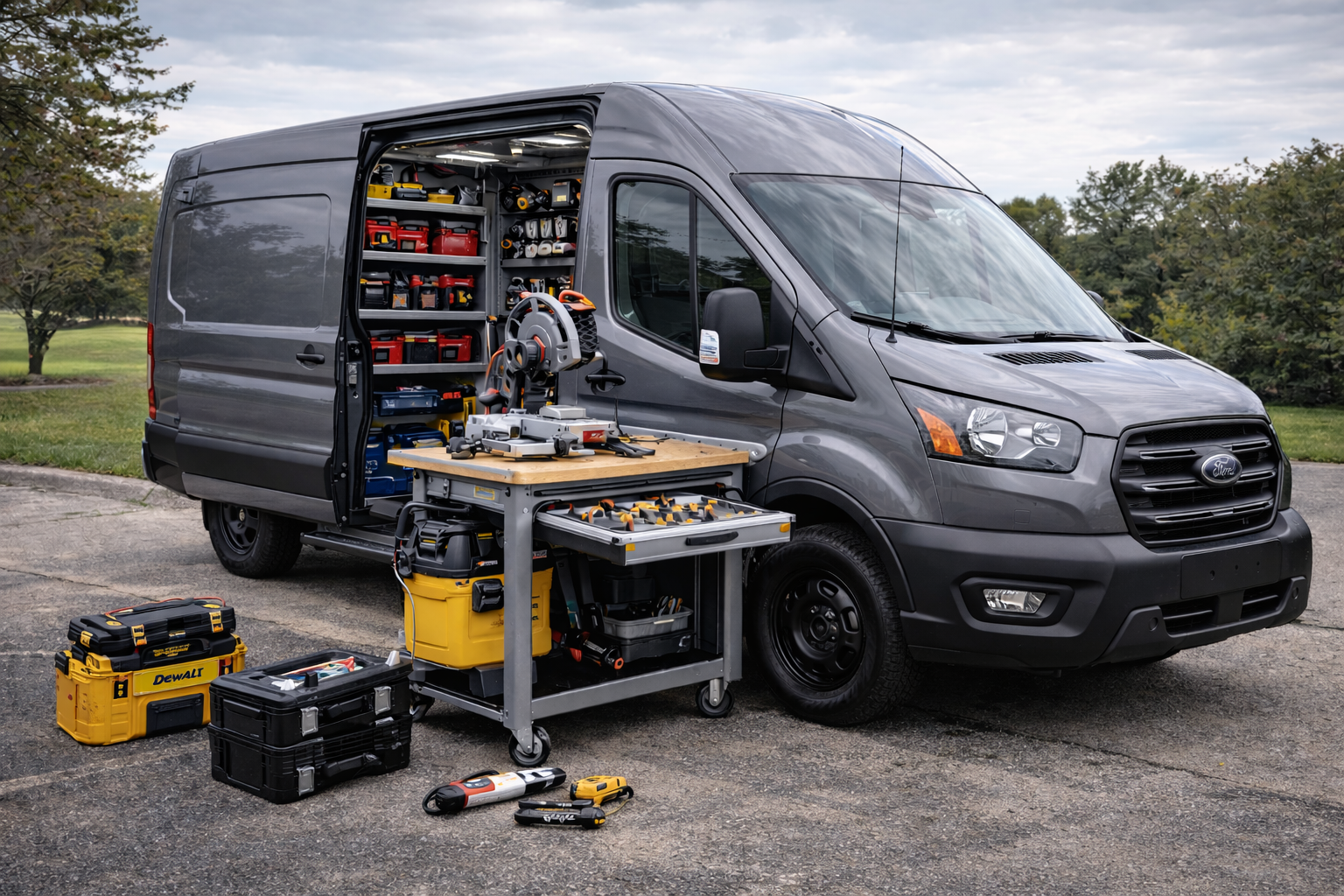 A gray work van with its side door open, revealing organized shelves of power tools and equipment for construction or maintenance work. Various tools and toolboxes are placed on a rolling work station and on the ground nearby.