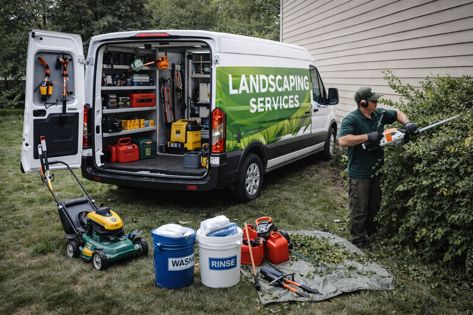A landscaper trimming bushes with a hedge trimmer outside a house, with a landscaping service van nearby showing tools inside and equipment on the ground.