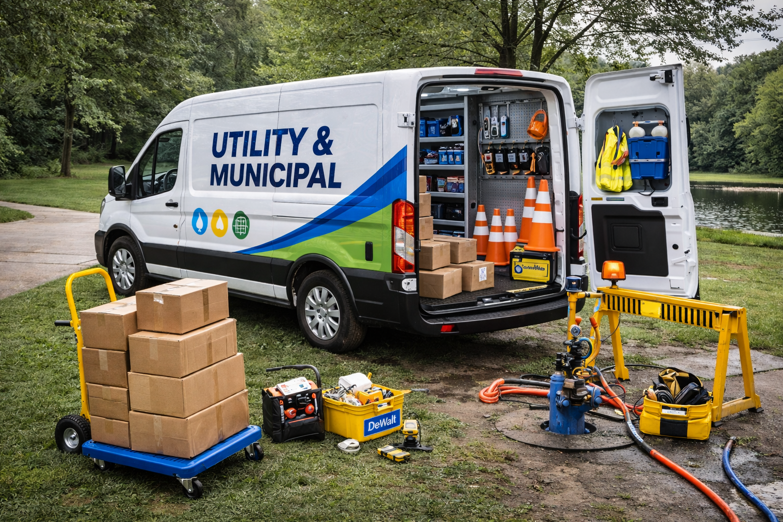 Utility and municipal service van parked by a river, with open rear doors revealing organized tools, cones, and equipment. Surrounding the van are boxes on a dolly, tools, and a water removal setup, indicating maintenance or repair work.