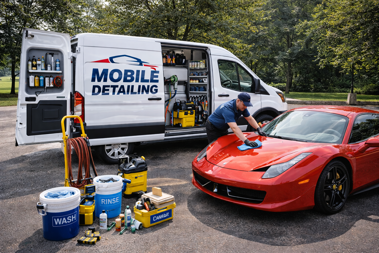 A mobile car detailing service creating a shiny finish on a red sports car parked outdoors with trees in the background. A technician is cleaning the car's hood with a cloth. The service van is open, showing various cleaning supplies and tools. Several buckets, hoses, and equipment are on the ground nearby.