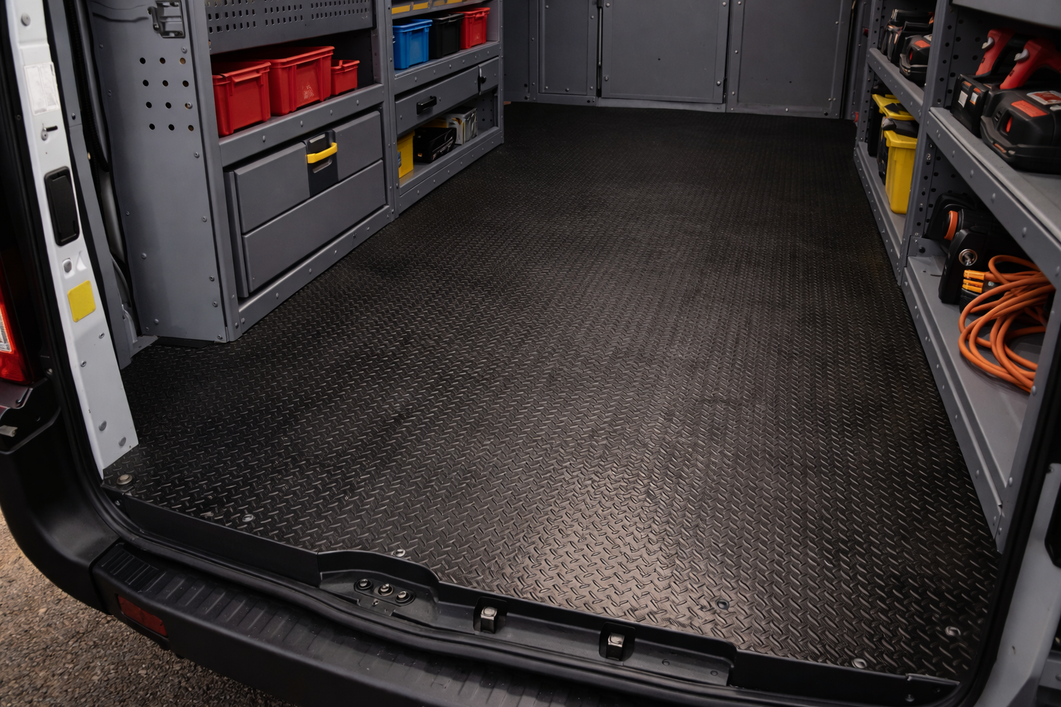 Empty cargo space of a utility van with shelves containing organized tools and supplies, black rubber flooring.