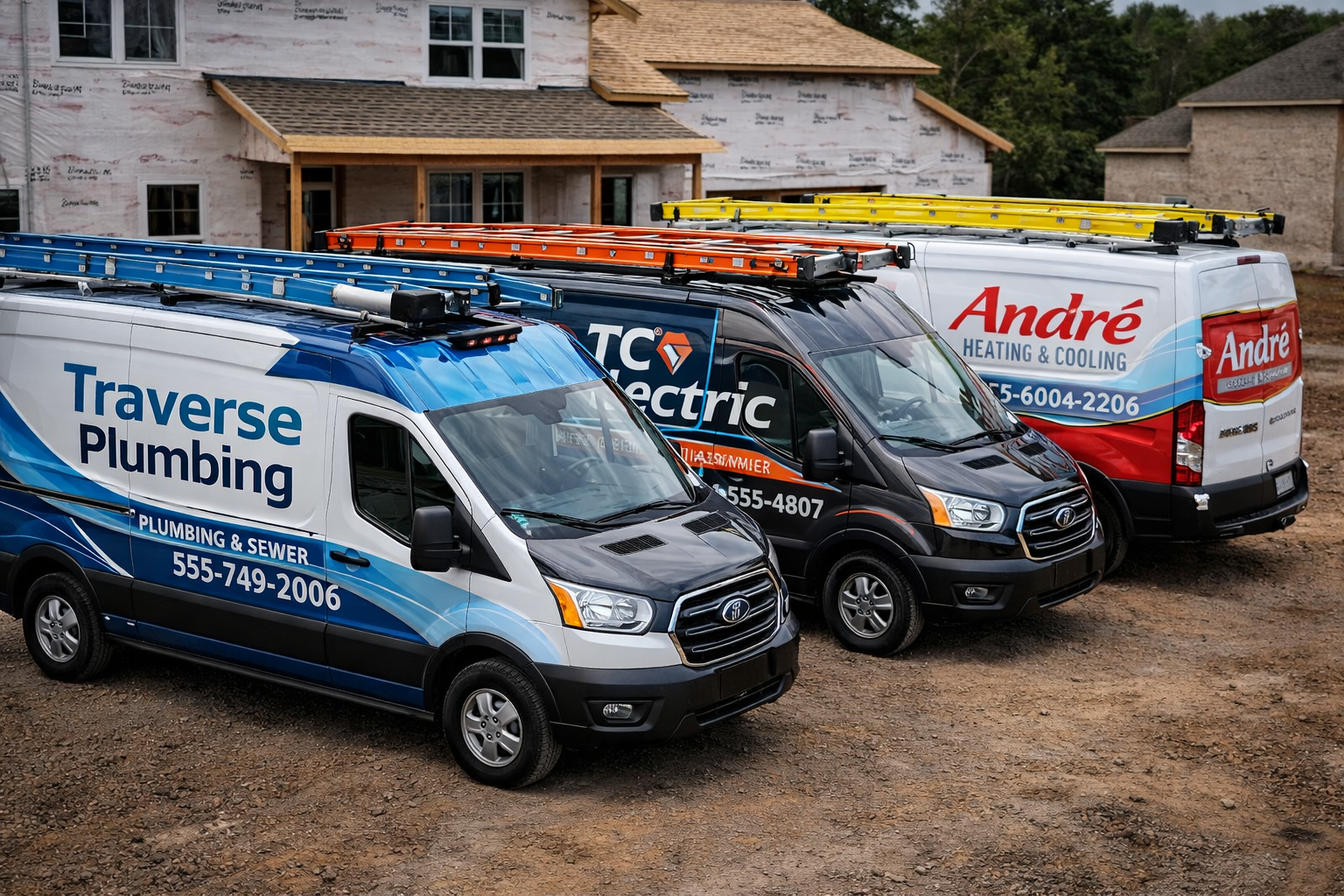 Three service vans parked in front of a house under construction, with ladders on their roofs.